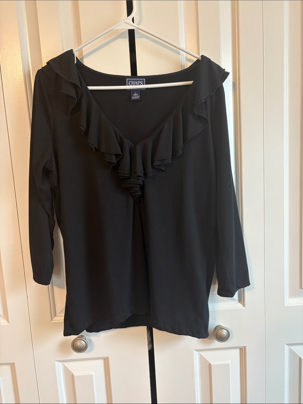 Chaps Black Ruffle V-Neck Long Sleeve Blouse - Picture 2 of 6